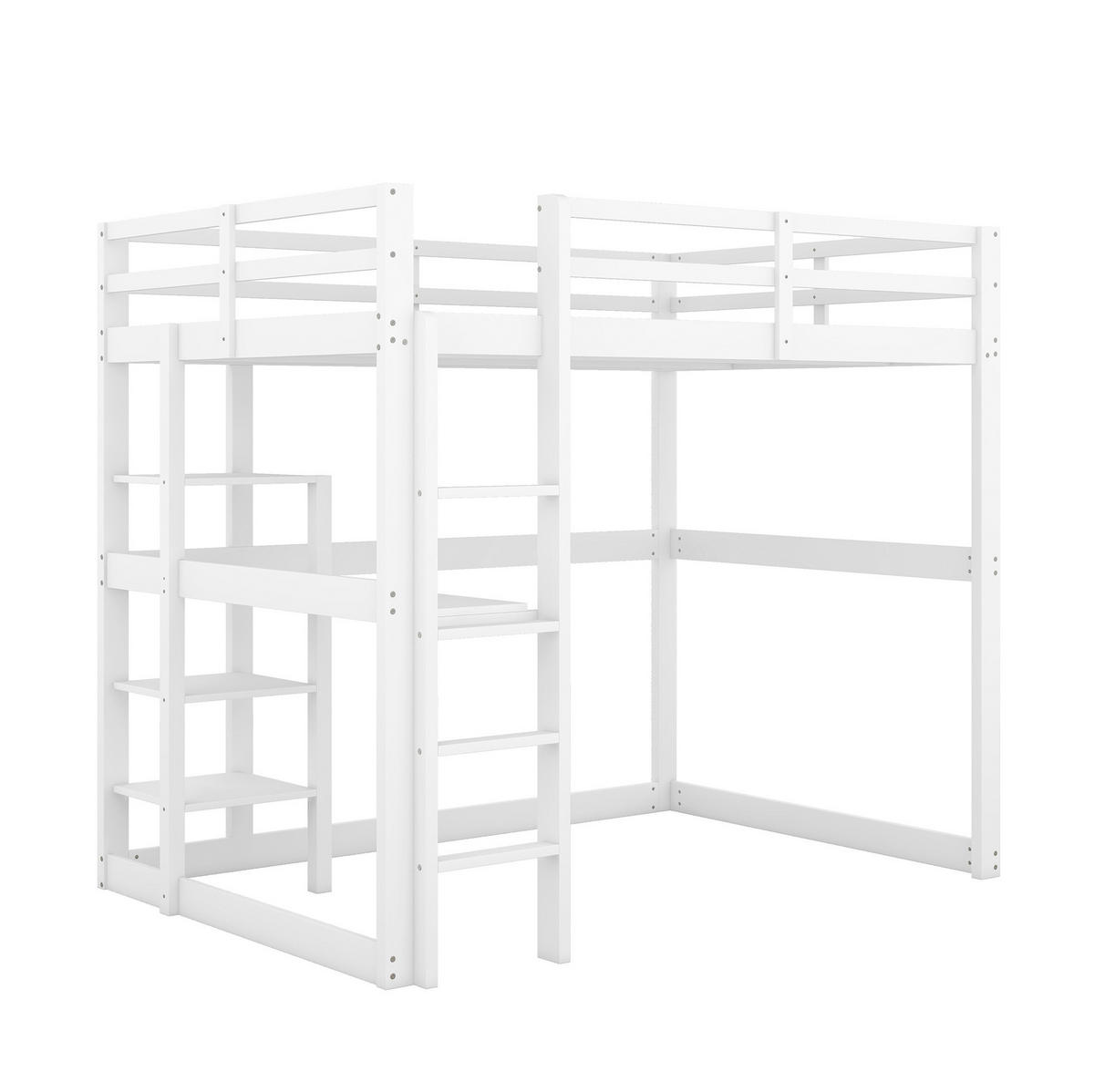 HOCHBETT 140/200 cm mit Schreibtisch und 4 Ablagefächern aus Kiefer , Antikweiß - Weiß, Holzwerkstoff (140/200cm) - Redom