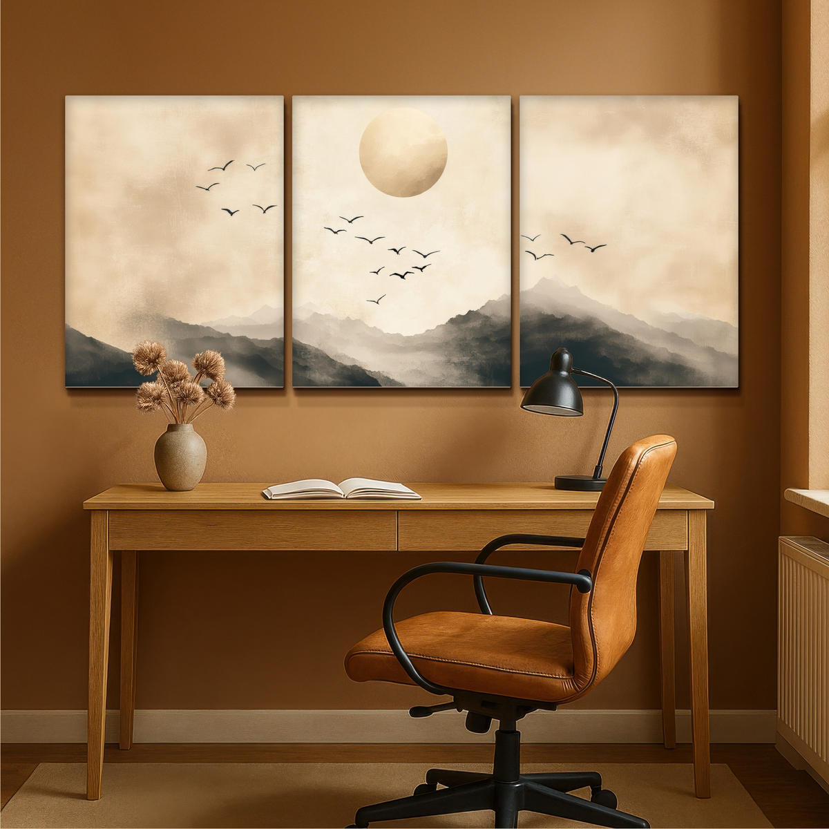 LEINWANDBILD 3er Set Landschaft - Japandi - Beige - Vögel 180x80 cm - Beige, Textil (180/80cm) - MuchoWow