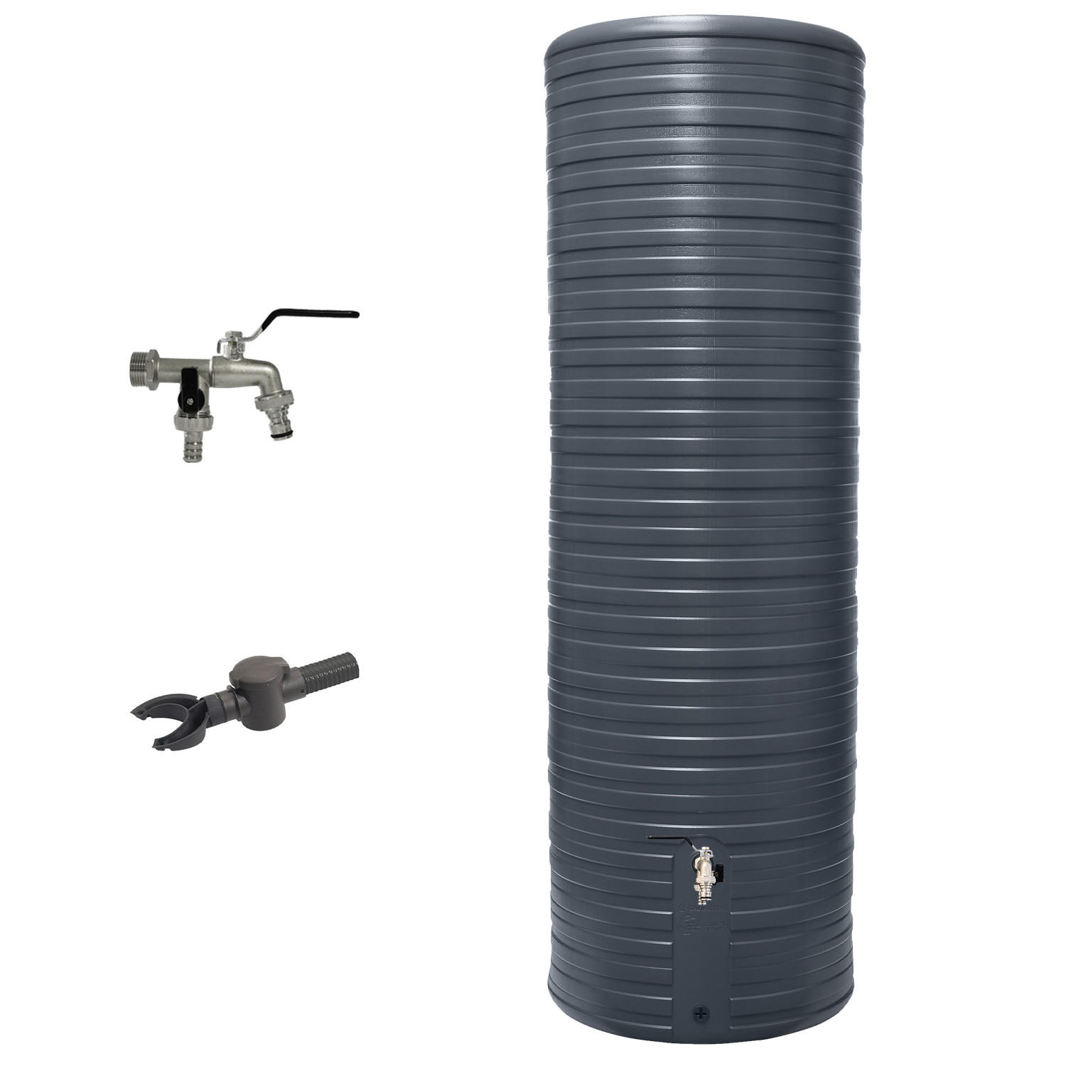 REGENTONNE Komplett-Set 500 L, graphite grey inkl. Chrom-Doppelauslaufhahn und Fallrohranschluss - Grau, Kunststoff (61/185/65cm) - GARANTIA