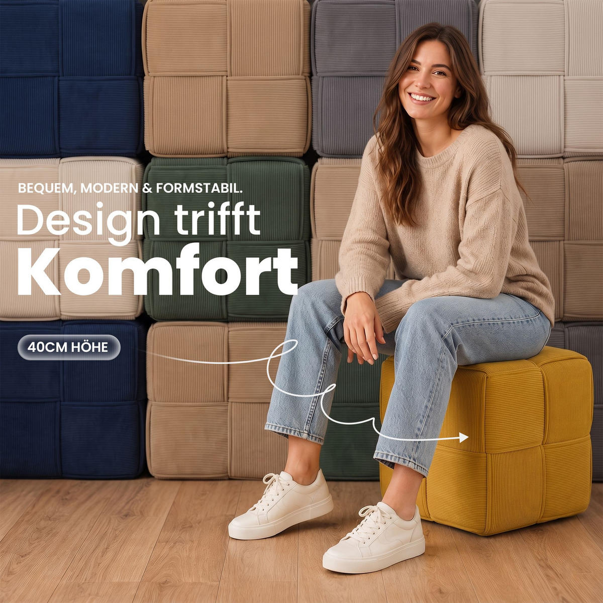 SITZWÜRFEL eckig 40/40/40 cm Cord Gelb - Gelb, Kunststoff/Textil (40/40/40cm) - CLP