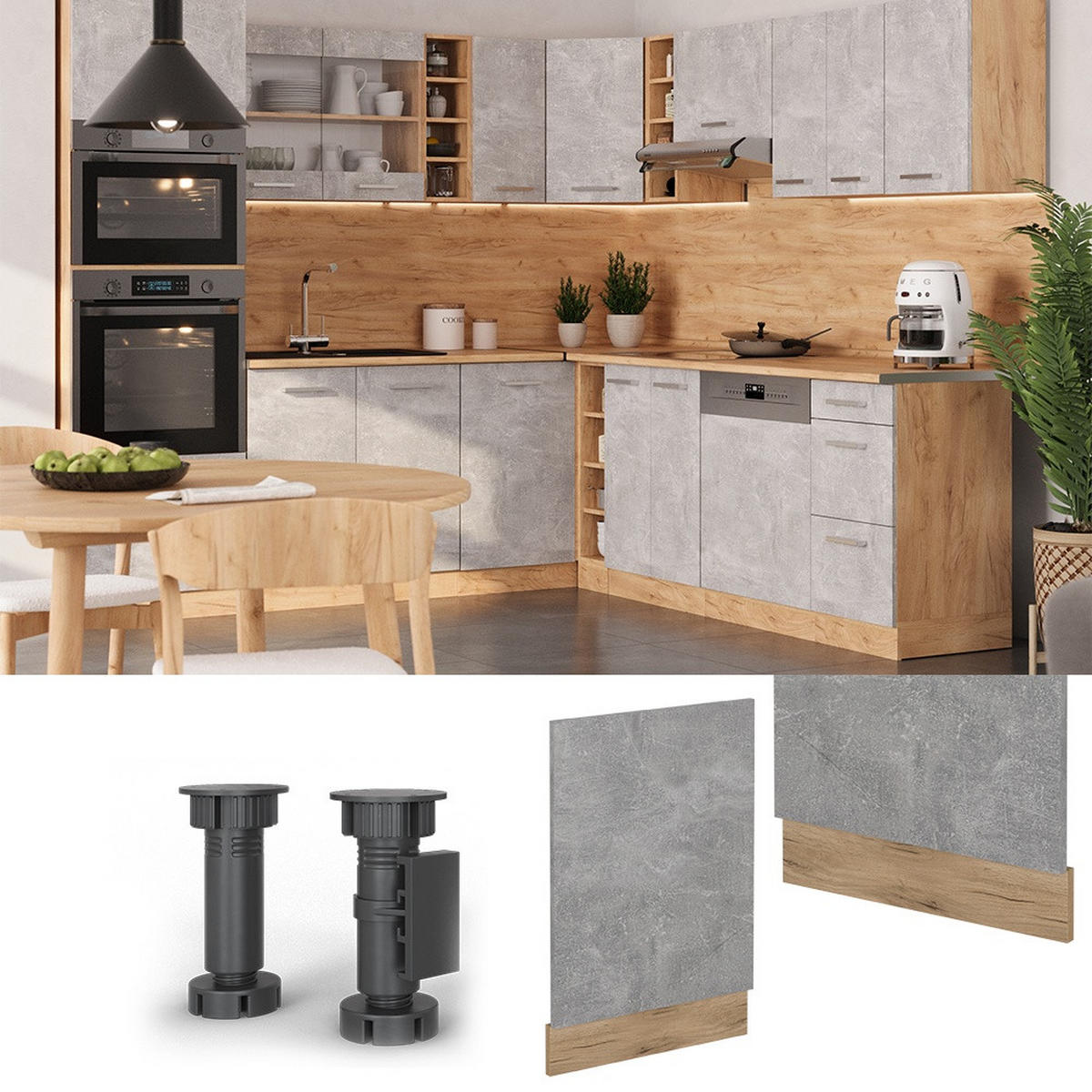 FRONTBLENDE R-Line Beton 45 cm , AP Eiche - Honigeiche/Grau, Holzwerkstoff (45/57.2/1.6cm) - Vicco