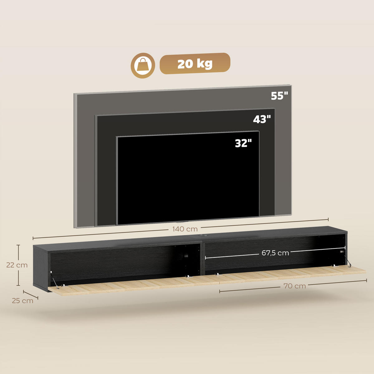 TV-BOARD Naturfarben/Schwarz 140/25/22 cm, Wandmontage, 2 Klappen, Grifflos - Naturfarben, Holzwerkstoff (140/22/25cm) - PANGIVO