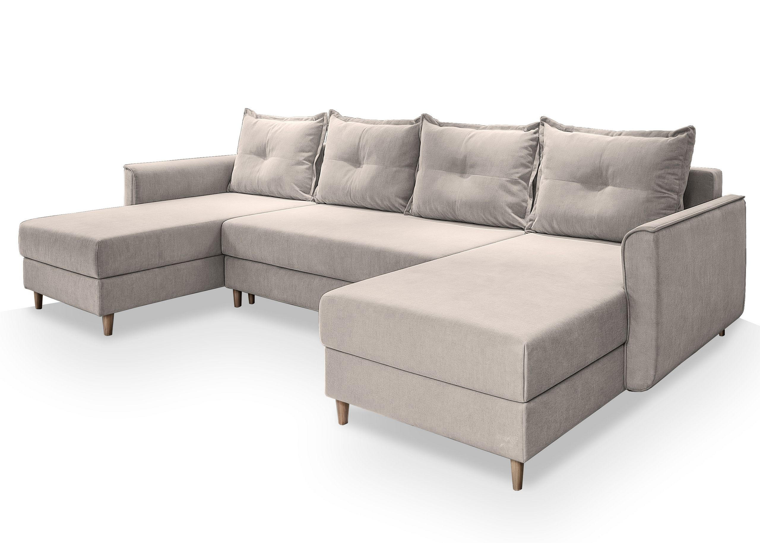 WOHNLANDSCHAFT VERNI Beige Plüsch-Stoff mit Schlaffunktion - Beige, Holz (285/91/143cm) - MASSENO