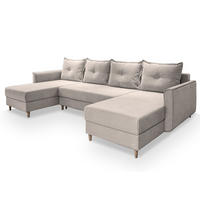 WOHNLANDSCHAFT VERNI Beige Plüsch-Stoff mit Schlaffunktion - Beige, Holz (285/91/143cm) - MASSENO