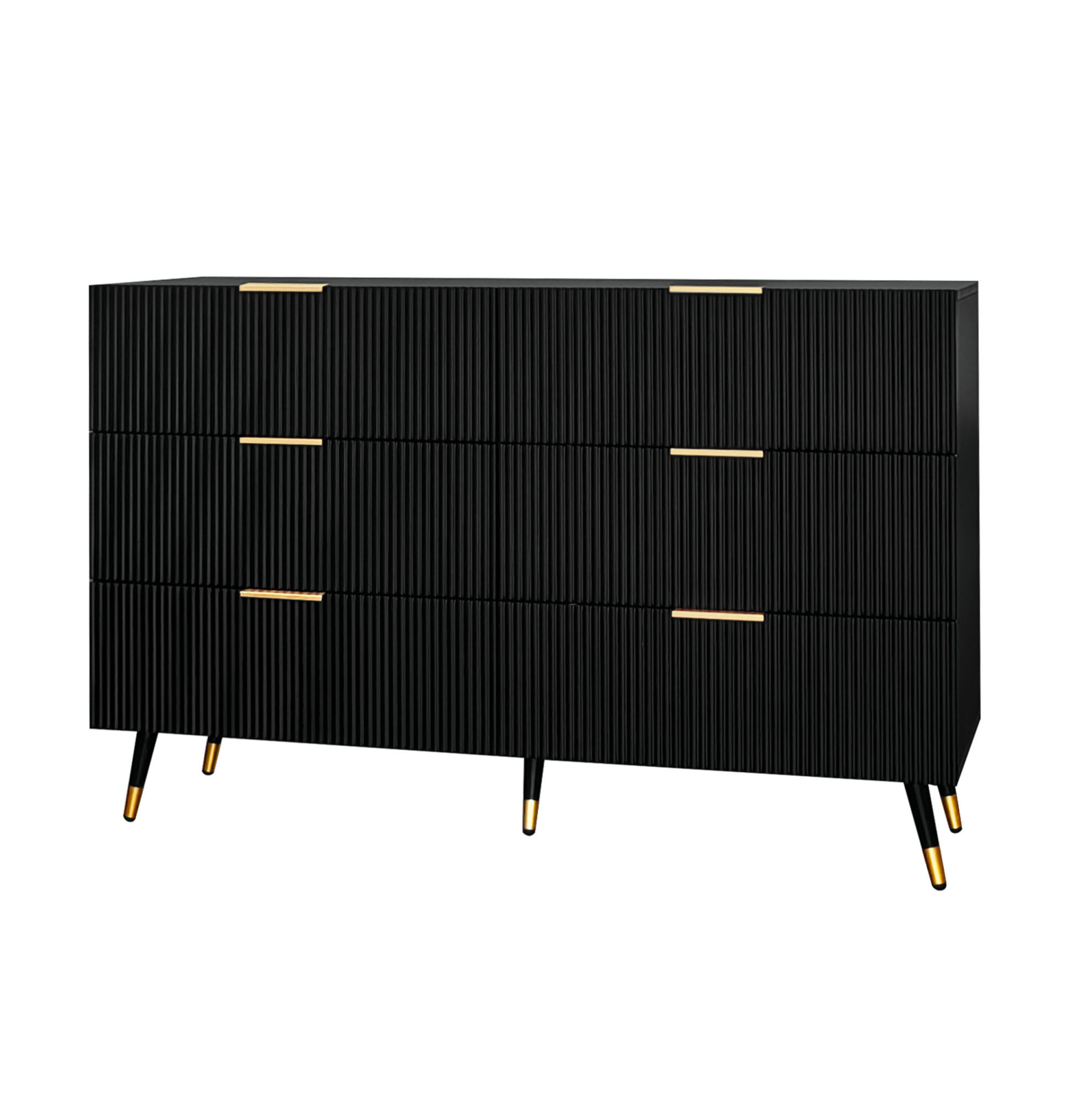 SIDEBOARD mit 6 Schubladen, mit goldenen Griffen und Beinen, 120/40/77 cm, Schwarz - Schwarz, Holzwerkstoff (120/40/77cm) - Redom