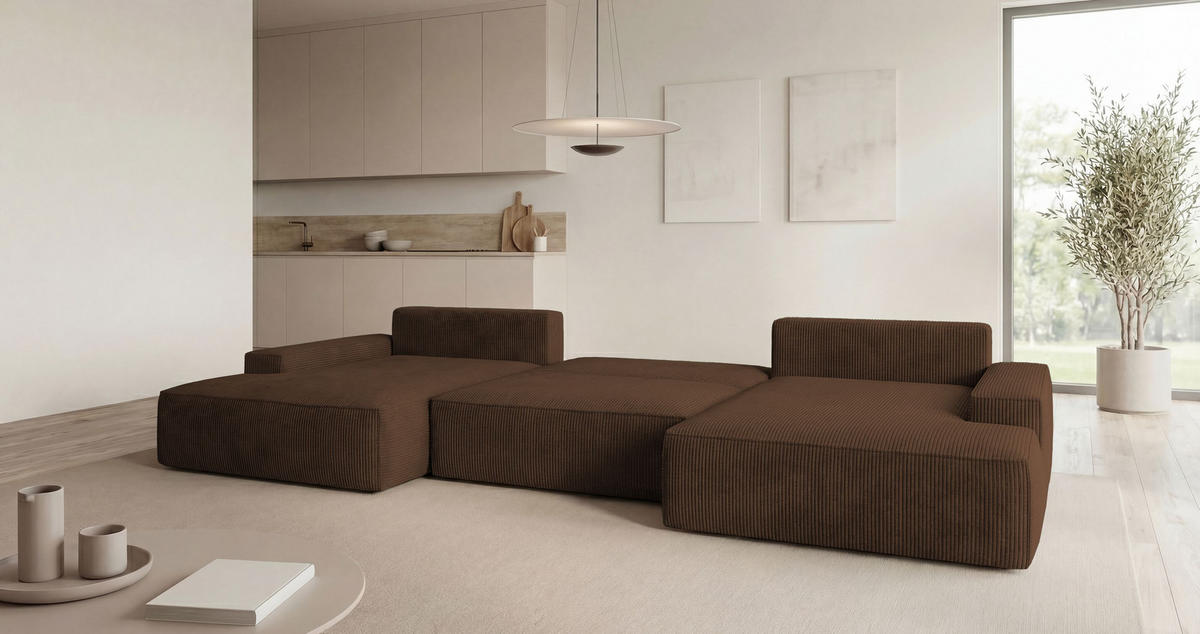 WOHNLANDSCHAFT VERONA U-Form braun Cord Poso 6 - Schlaffunktion, Bettkasten - Braun, Textil (385/86/185cm) - Cornero