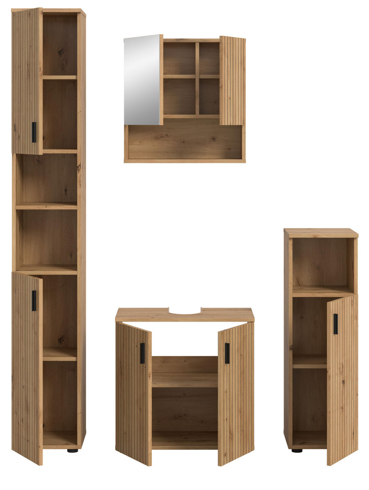 BADMÖBEL-SET Eiche Artisan 4-teilig 150 cm, Badkombination mit viel Stauraum - Schwarz/Eiche Artisan, Glas/Holzwerkstoff (150/192/30cm) - Inn.Furn