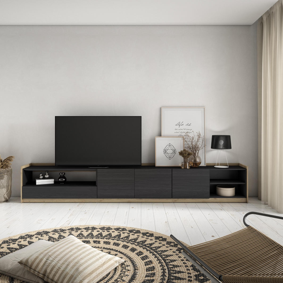 TV-SCHRANK, Lowboard, Schwarz Eiche, 310/37/50cm - Schwarz, Holzwerkstoff (310/50/37cm) - Skraut Home