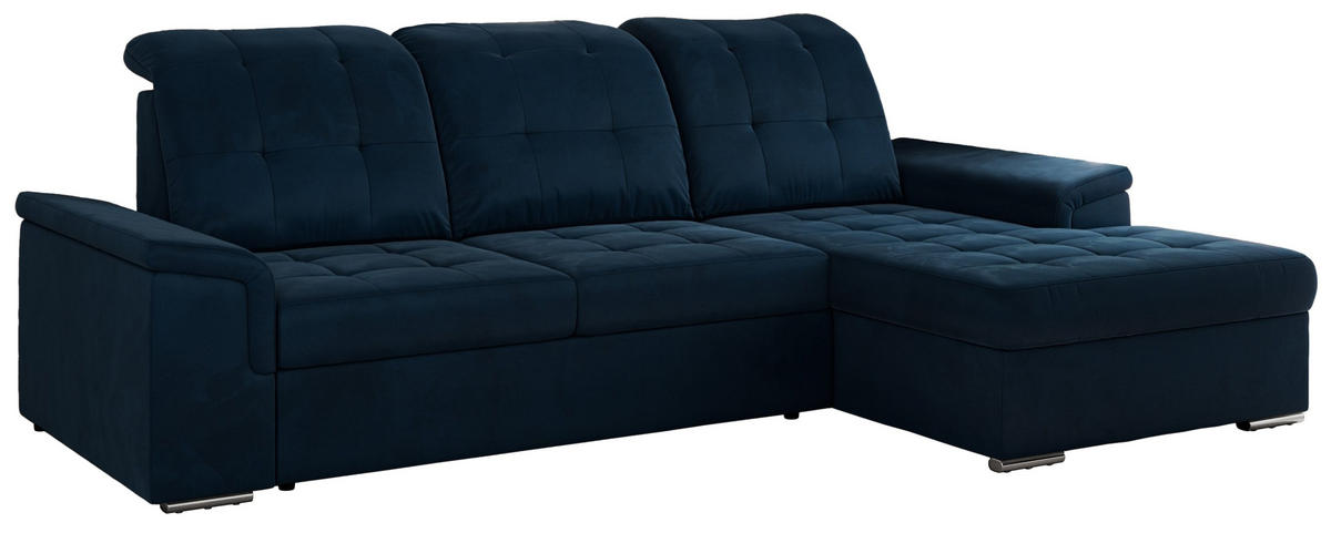ECKSOFA MADRITO L - Dunkelblau Velorus - Rechts - Silberfarben/Dunkelblau, Textil/Metall (256/160cm)