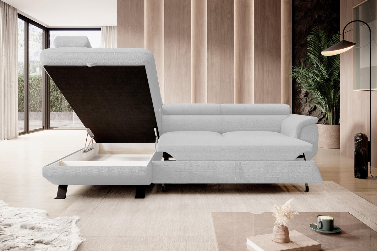ECKSOFA RAVEN L mit Schlaffunktion und Bettkasten, Freistehend, Polstersofa mit Verstellbaren Kopfstützen, 257x198x96 cm, Linke, Weiß - Weiß, Holz/Textil (198/256cm) - DomoHome