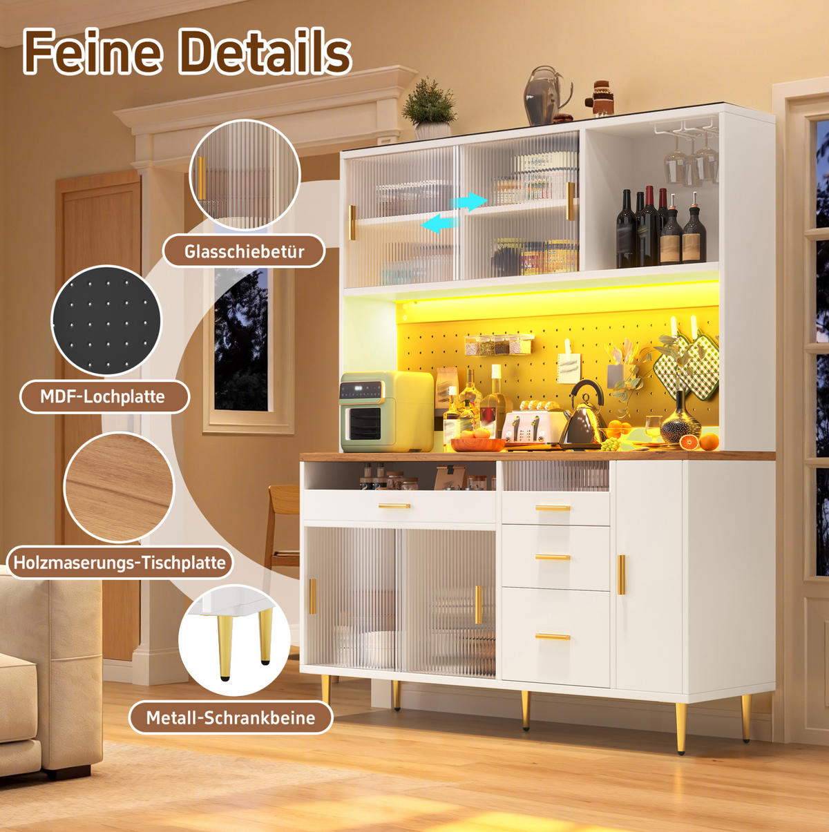 HOCHSCHRANK mit LED-Beleuchtung 145x39x171 cm MDF Glas Weiß - Weiß, Glas (24/171/145cm) - Meubliv