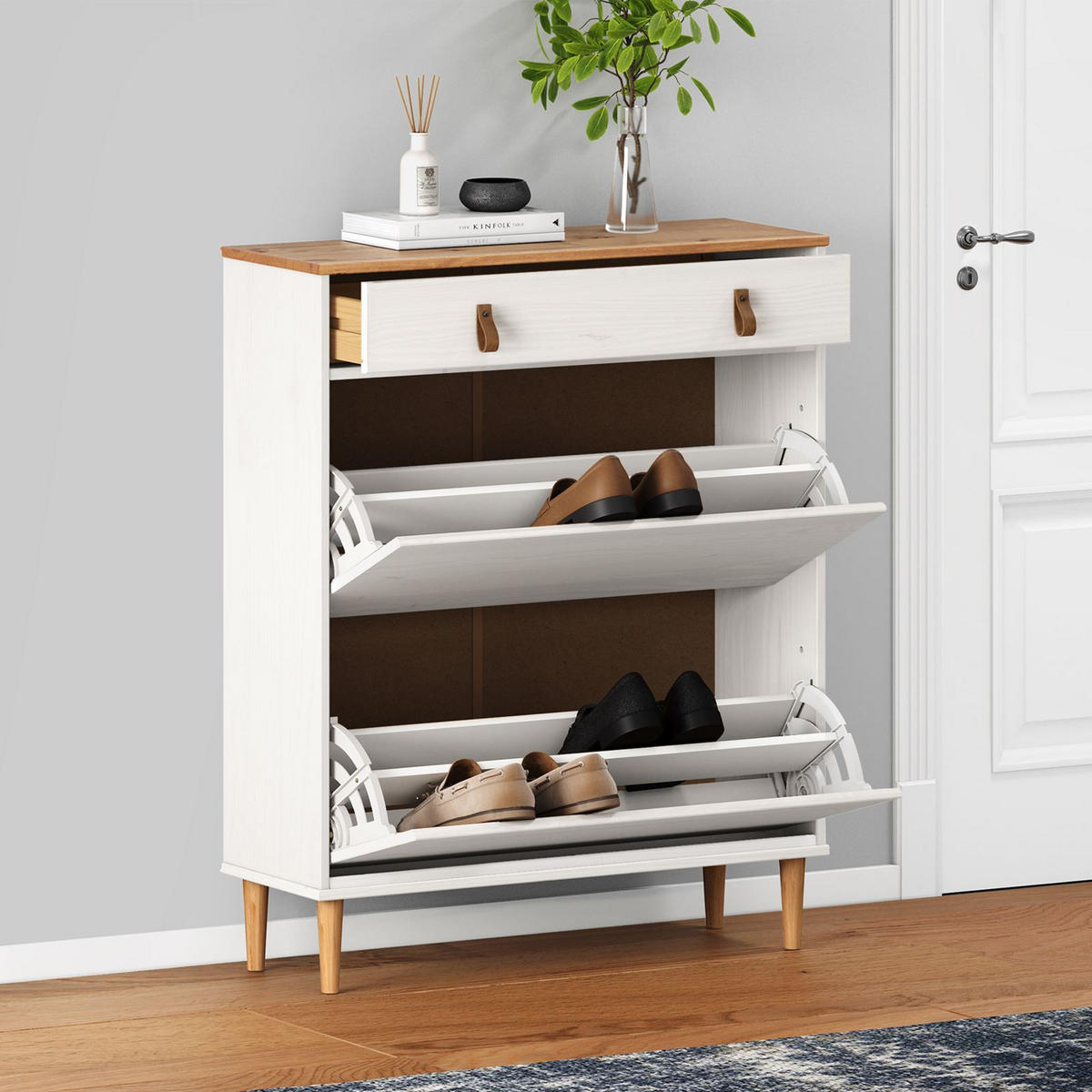 SCHUHKIPPER MIKKA weiß/Eiche - Eichefarben/Weiß, Holz (86/105/30cm) - IDIMEX