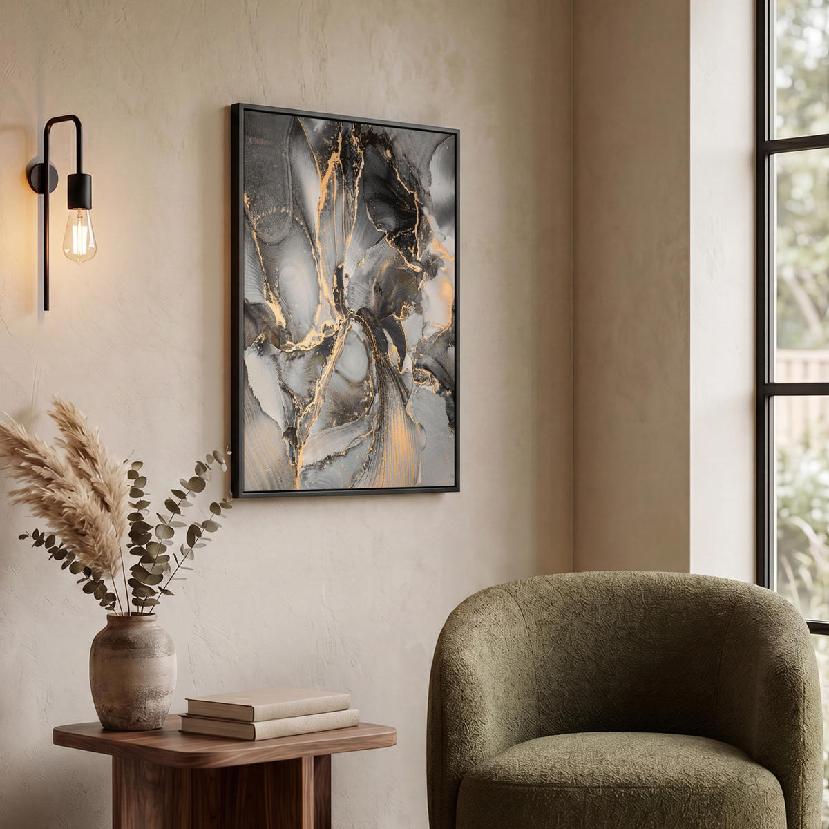 LEINWAND Bilder mit Rahmen - Grau - Luxus - Gold - Marmor - 50x70 - Dunkelgrau, Textil (50/70cm) - MuchoWow