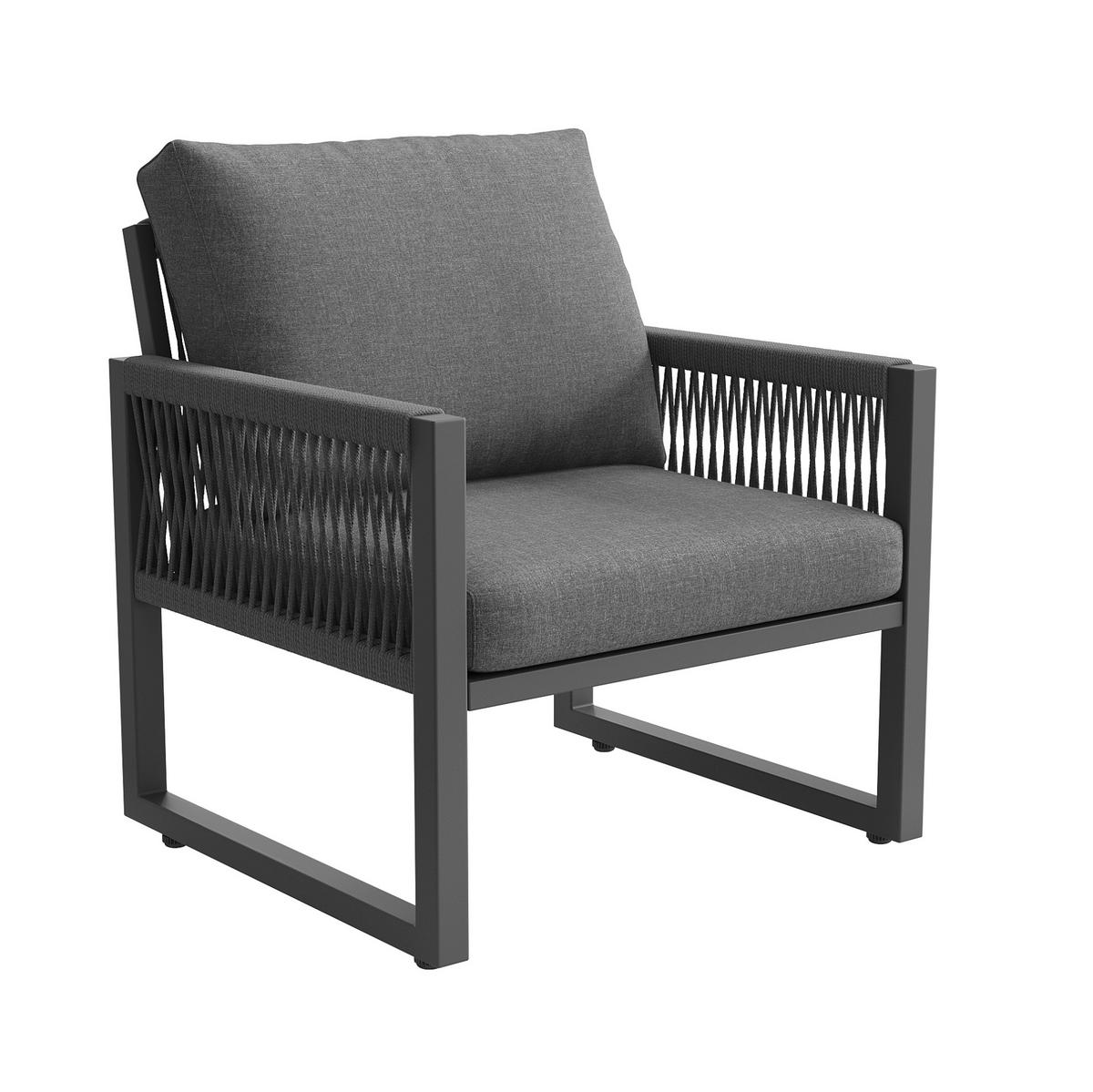 GARTENLOUNGE-SET 184/64/80 cm mit Tisch, Seilgeflecht, Glasplatte und Polsterkissen, Grau - Grau, Metall - Redom