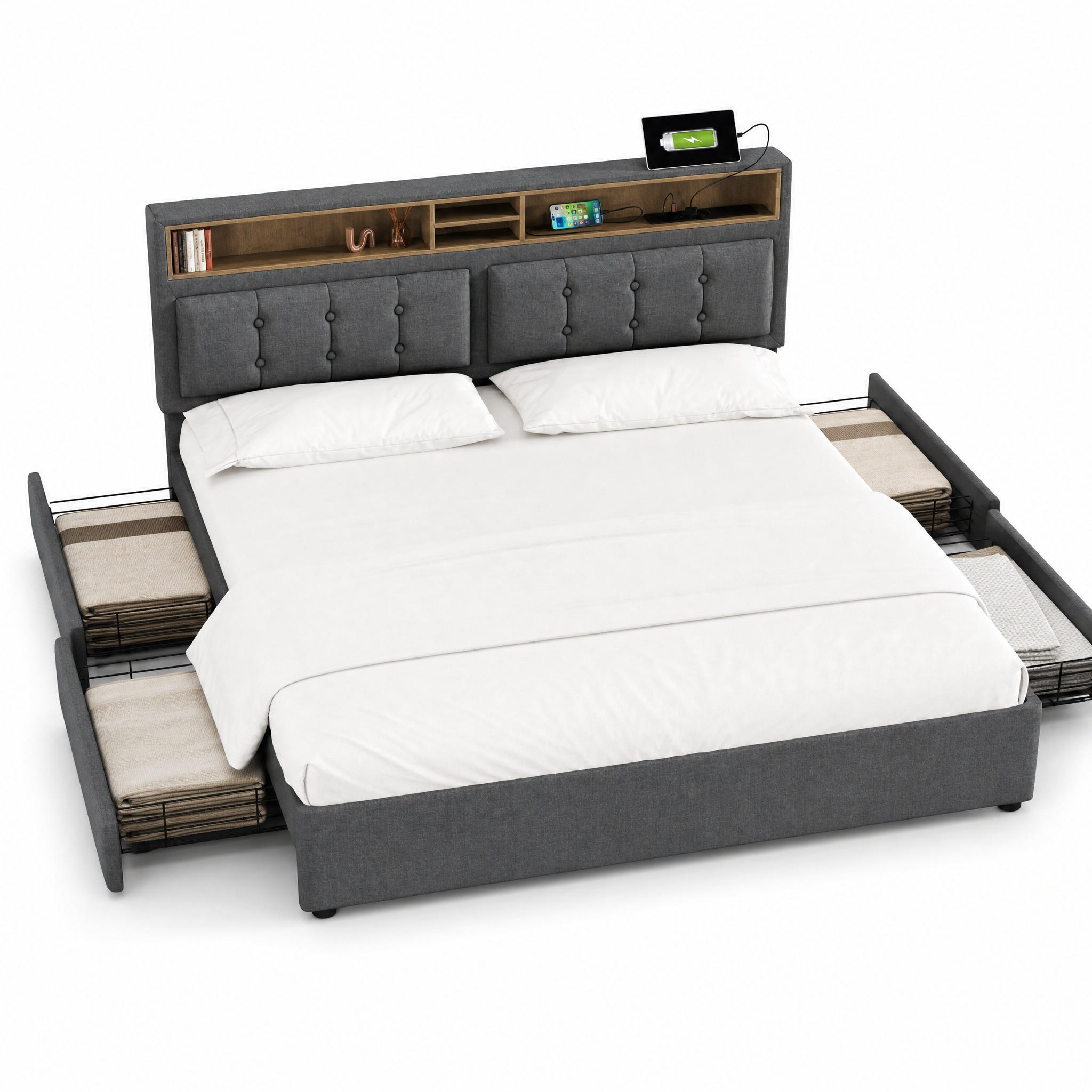 POLSTERBETT 140/200 cm in Grau Leinen mit 4 Schubladen, USB, Type-C und verstellbarem Kopfteil - Grau, Holzwerkstoff/Textil (140/200cm) - STILVORA