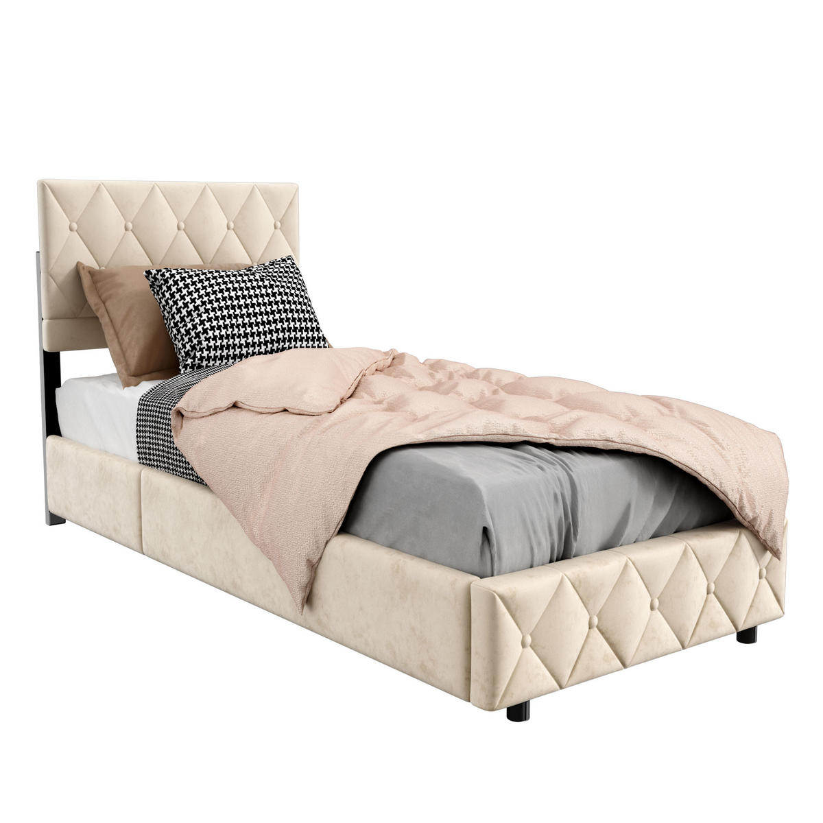 POLSTERBETT 90x200cm Beige mit Knopfnahtverzierung-Kopfteil, mit Bettkasten und Lattenrost - Beige, Holzwerkstoff/Textil (90/200cm) - EVRYAE
