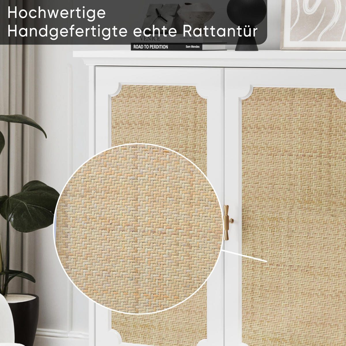 KOMODA s ratanovými dvierkami, 80/38/86 cm, biela, s nastaviteľnou policou - biela, kompozitné drevo (80/86/38cm) - BEAOK
