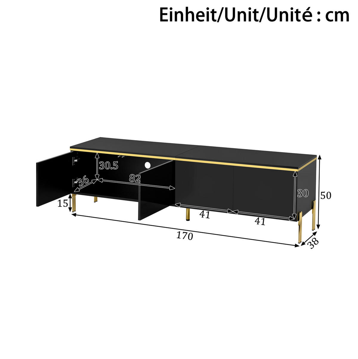 TV stolek 170/38/50 cm s úložným prostorem, kabelovými průchodkami a vysokým leskem, Černá - černá, kompozitní dřevo (170/50/38cm) - Redom