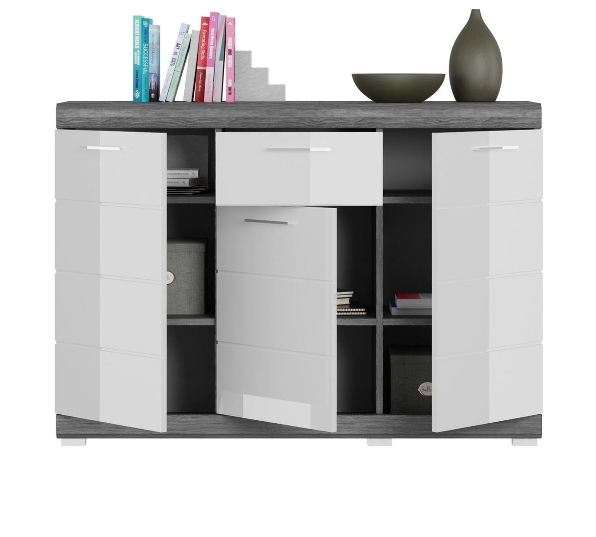 SIDEBOARD weiß Hochglanz, Rauchsilber grau 120 cm, Kommode mit 8 Fächern - Weiß Hochglanz/Silberfarben, Holzwerkstoff/Kunststoff (120/85/37cm) - Inn.Furn