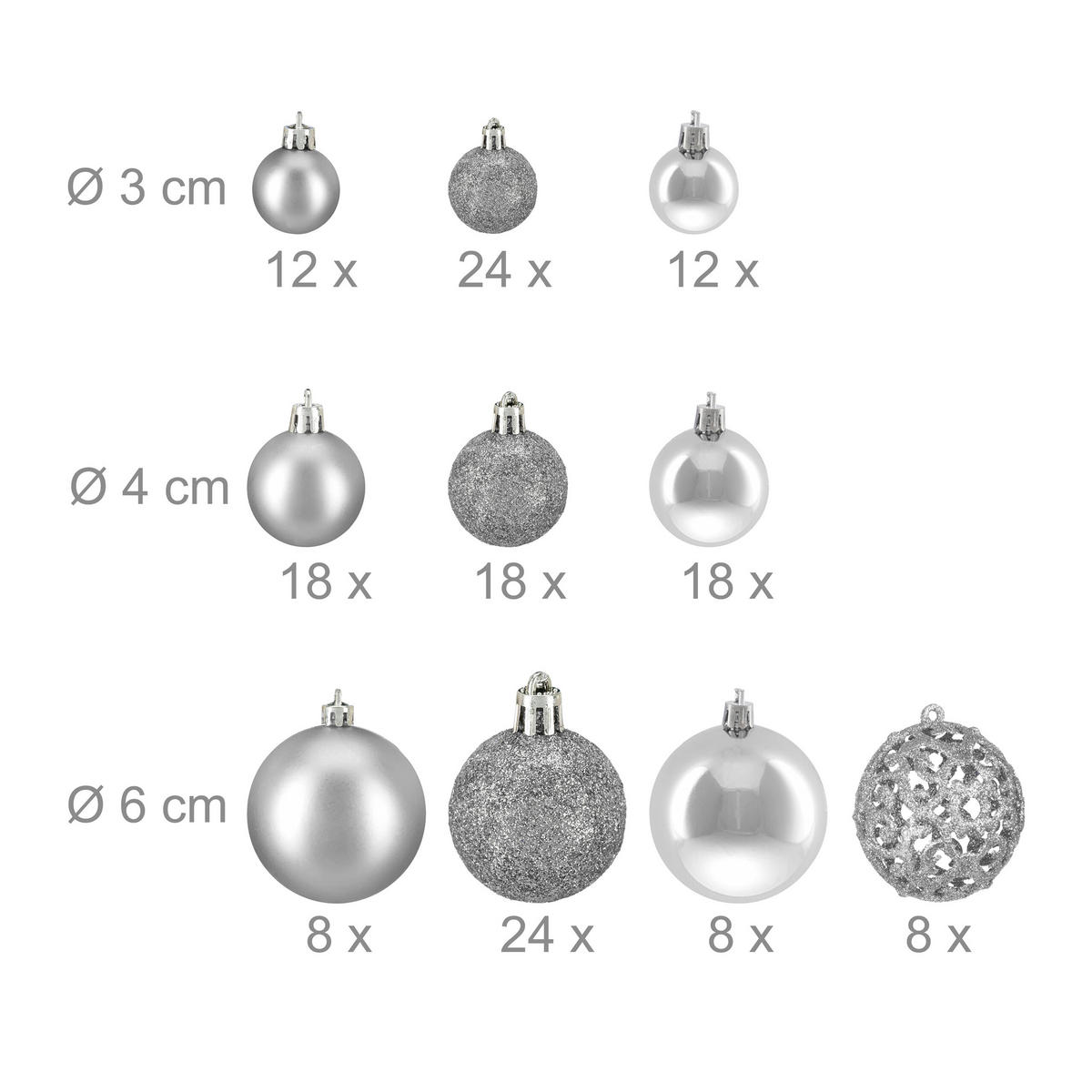 WEIHNACHTSKUGELN-SET 150-tlg. - Silberfarben, Kunststoff (6/7/6cm) - Relaxdays