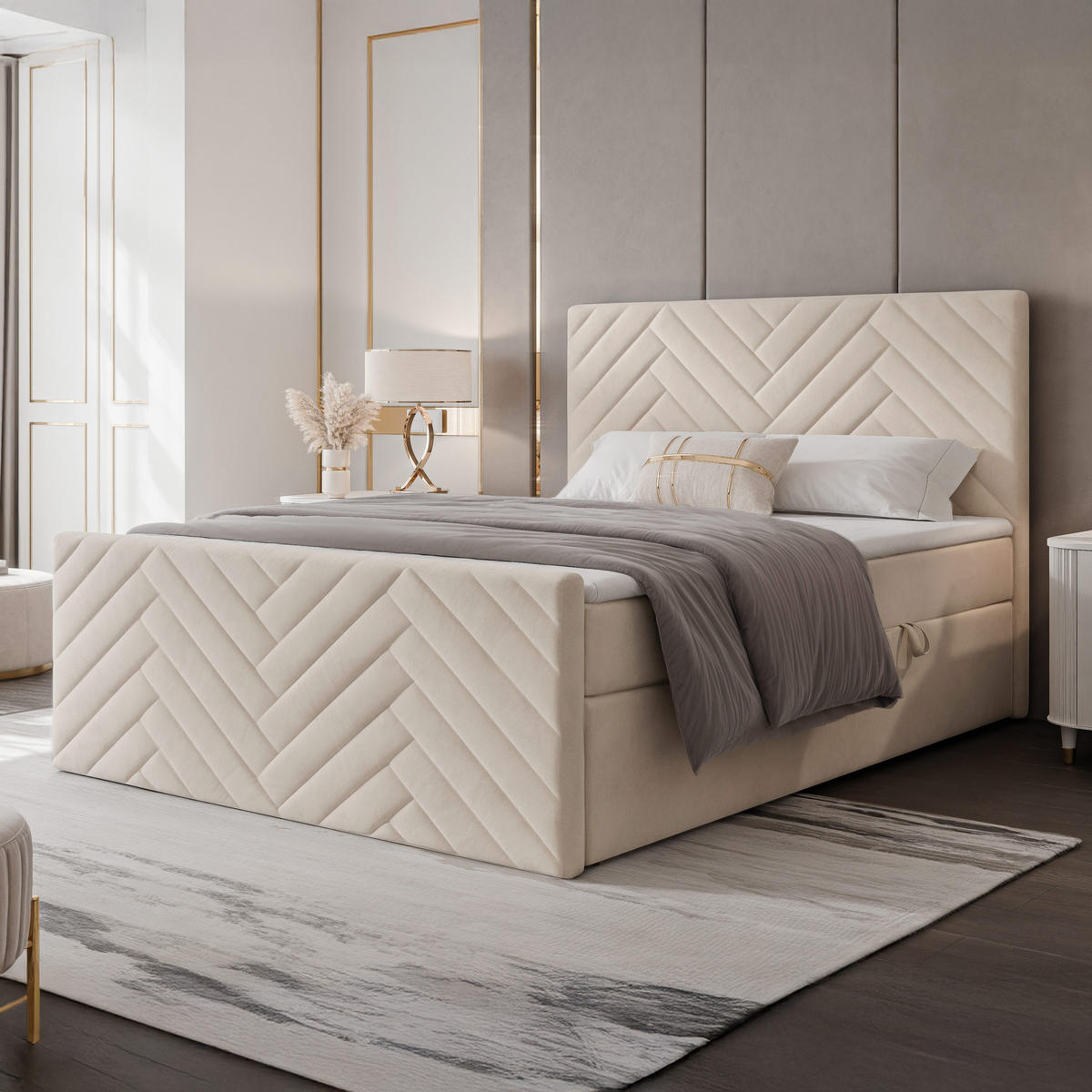BOXBETT NEREA PLUS 160/200 cm mit Matratze und Topper, Creme - Creme, Holzwerkstoff/Textil (160/200cm) - Idohome