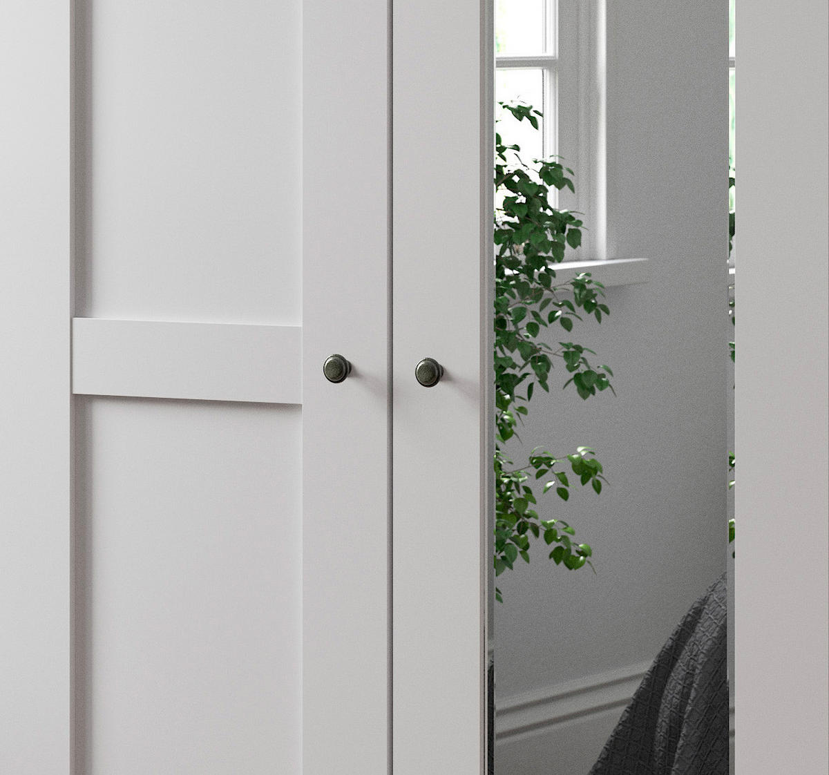 SCHLAFZIMMER Greenholm in Weiß 4 teilig mit Kleiderschrank 200cm Breite mit Spiegel, Doppelbett 180x200cm, zwei Nachttisch - Weiß, Holzwerkstoff (80/200/120cm)