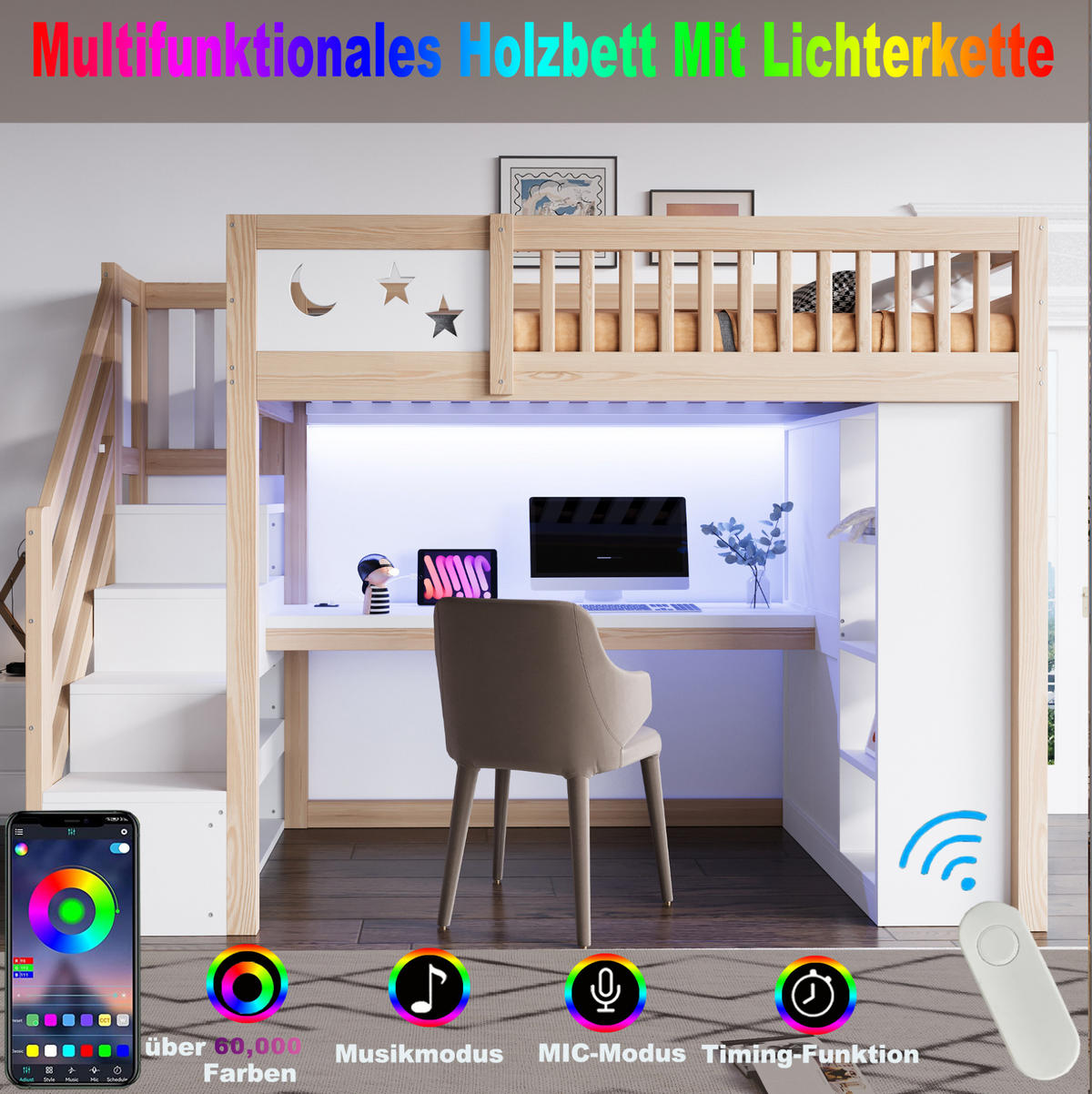 HOCHBETT aus Kiefernholz 90x200 cm Weiß/Holzfarbe mit Schreibtisch, LED-Beleuchtung, Steckdosen und Stauraum - Weiß, Holz (90/200cm) - Modfu