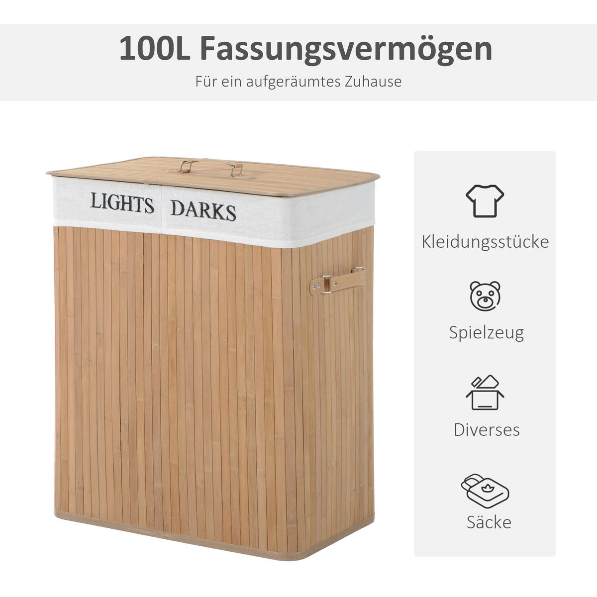 WÄSCHEKORB, Bambus, Segeltuch, PU, Natur - Naturfarben, Naturmaterialien (32/63/52cm) - HOMCOM