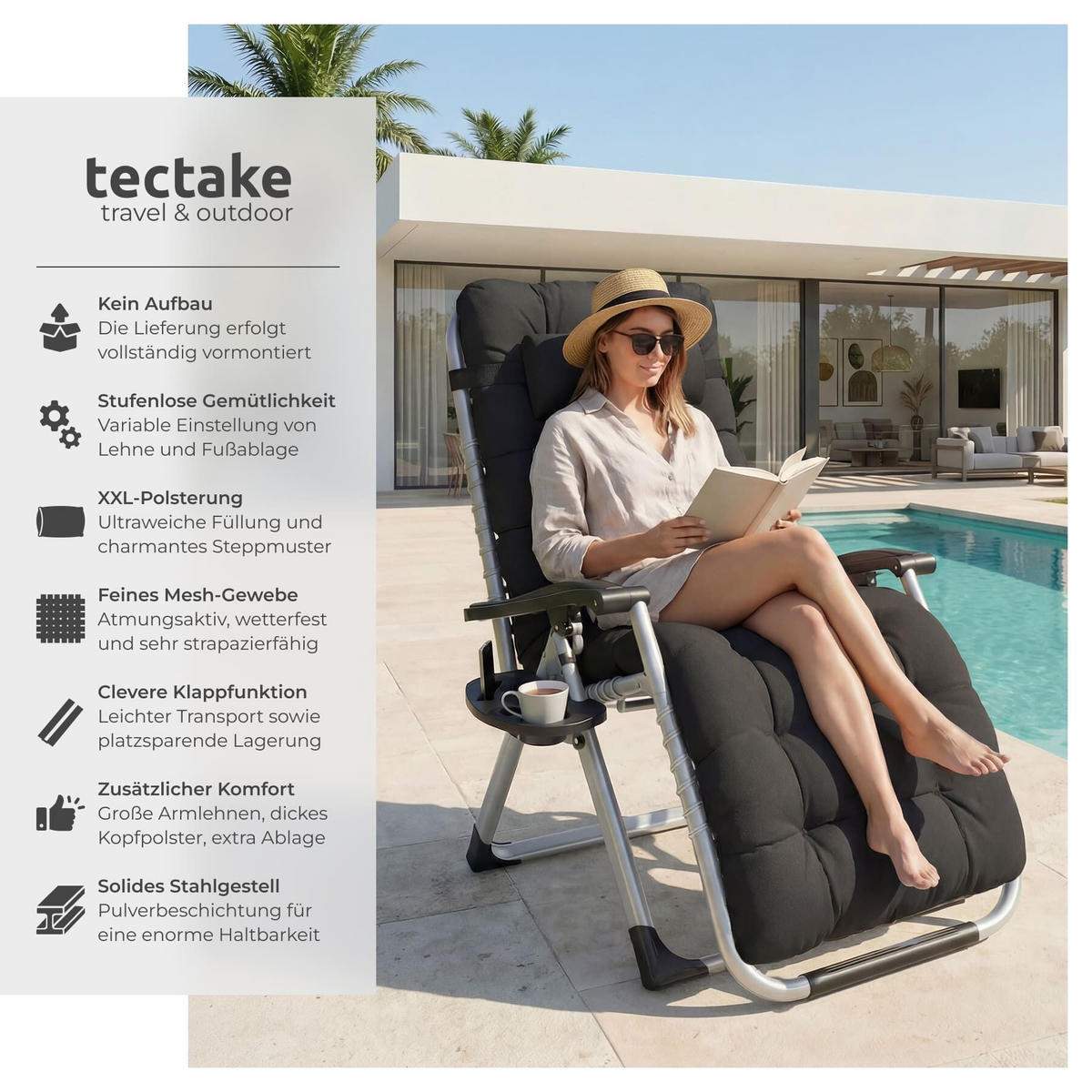 SONNENLIEGE 2er Set Cloud, 84 x 168 x 82,5 cm, mit Ablagetisch, schwarz - Schwarz, Kunststoff (84/103/113cm) - tectake