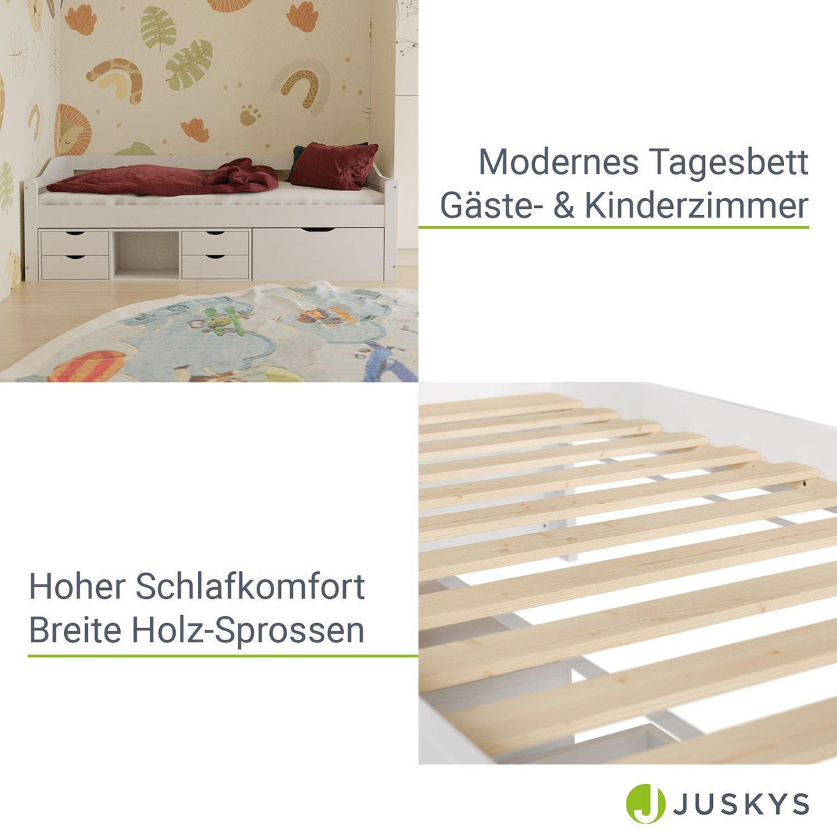 KINDER-FUNKTIONSBETT Nalu mit Matratze weiß 90x200 cm - Weiß, Holz (90/200cm) - Juskys