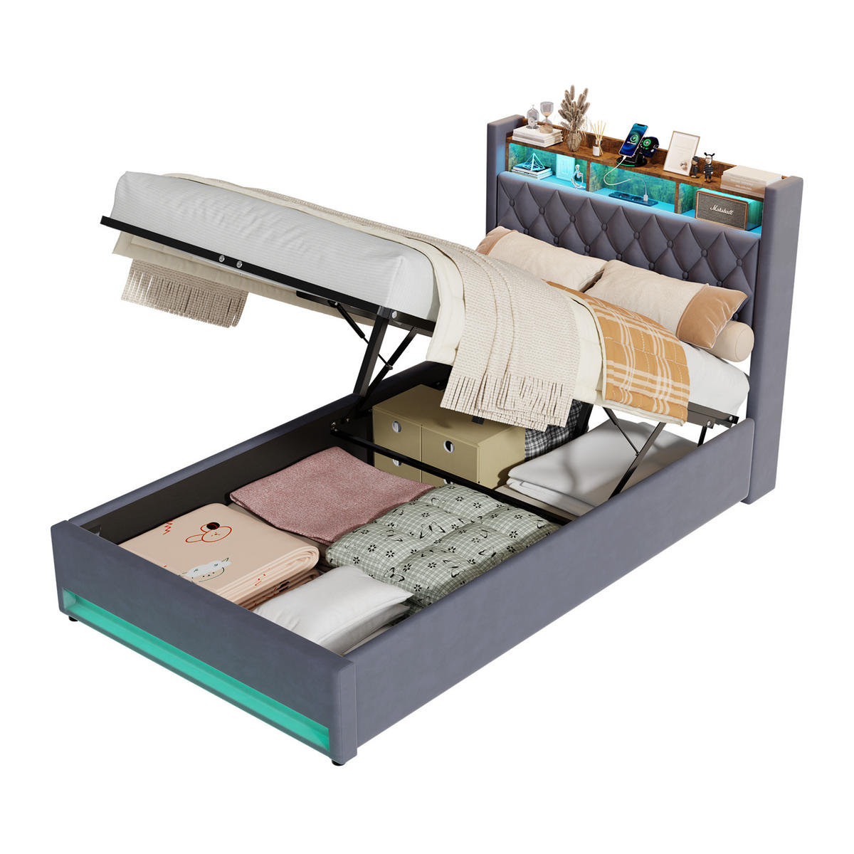 POLSTERBETT 140/200 cm Grau mit LED-Lichtleiste und USB-Anschlüssen - Grau, Holzwerkstoff (140/200cm) - OKWISH