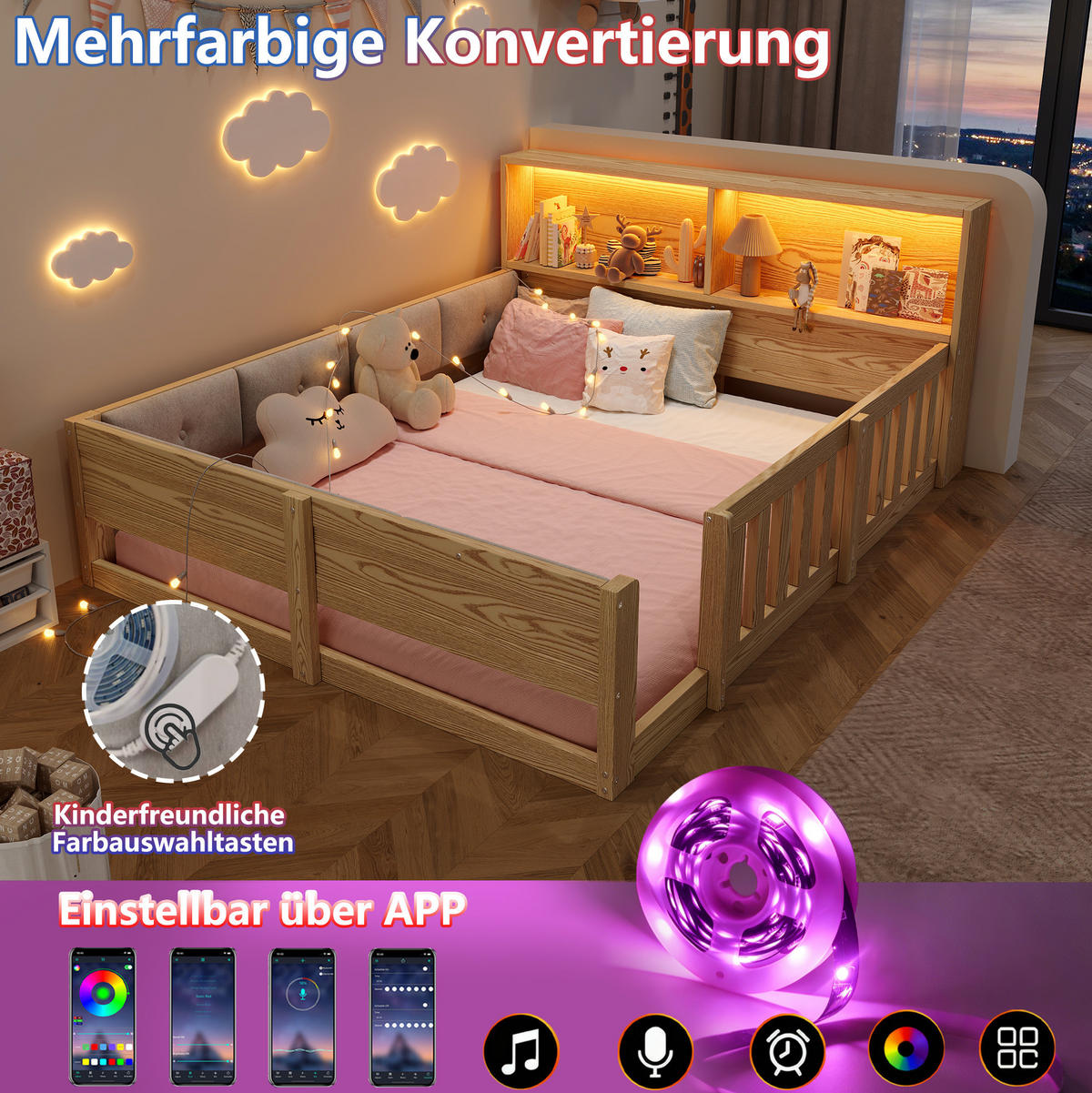KINDERBETT aus Spanplatte & Plüsch 140x200 cm Natur mit Gitter, LED und Stauraum - Naturfarben, Holzwerkstoff (140/200cm) - Modfu