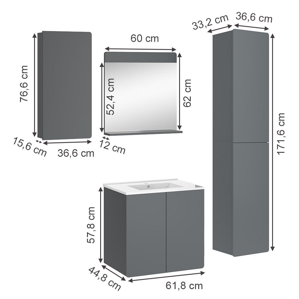 BADMÖBEL-SET Izan Grau 4 Teile - Grau, Holzwerkstoff (61.8/57.8/44.8cm) - Vicco