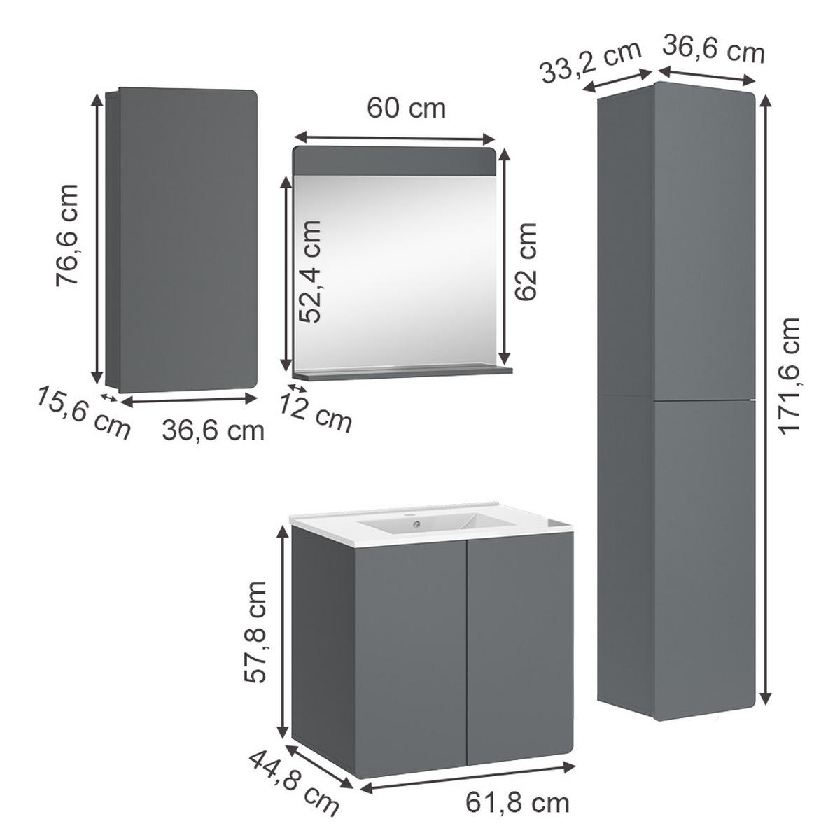 BADMÖBEL-SET Izan Grau 4 Teile - Grau, Holzwerkstoff (61.8/57.8/44.8cm) - Vicco