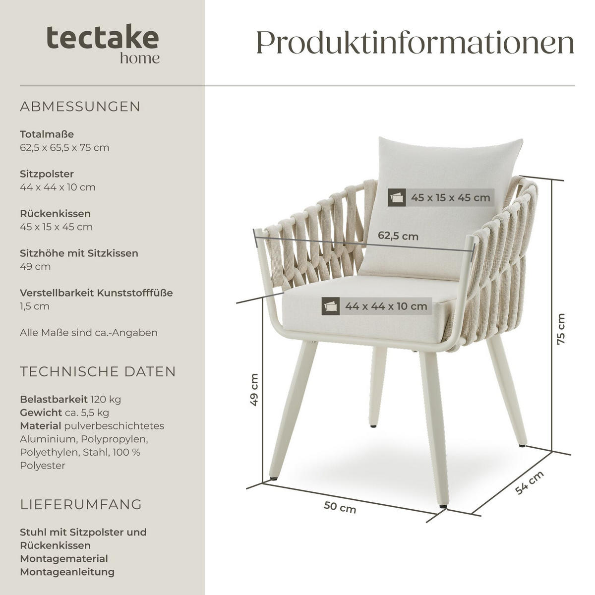 ALUMINIUM STUHL Lugano, höhenverstellbare Kunststofffüße, 62,5 x 65,5 x 75 cm, beige - Beige, Kunststoff/Metall (62.5/75/65.5cm) - tectake