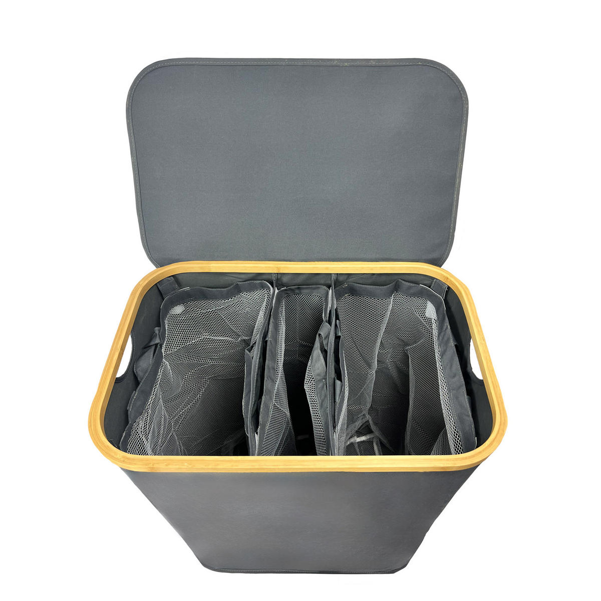 WÄSCHEKORB Bambus Textil Anthrazit mit 3 Fächern 57×37×67 cm - Anthrazit/Naturfarben, Holz/Textil (57/67/37cm) - Begryf