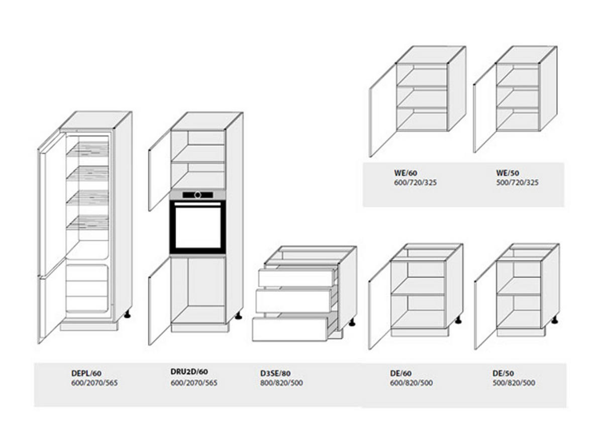 KÜCHENLEERBLOCK Essen Trend weiß / graphit hochglanz - eiche lancelot 8-teilig - Graphitfarben/Weiß, Holzwerkstoff (310/207/60cm) - Feldmann-Wohnen