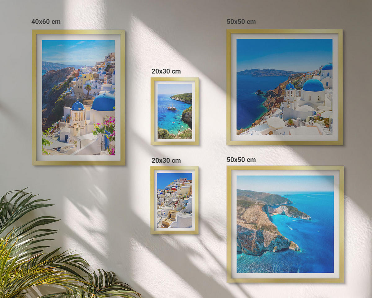 BILDER SET 5er Set - 50x50 cm & 20x30 cm & 40x60 cm Goldrahmen - Architekturlandschaft Oia Santorin Griechenland - Goldfarben, Kunststoff (40/60cm) - TULUP