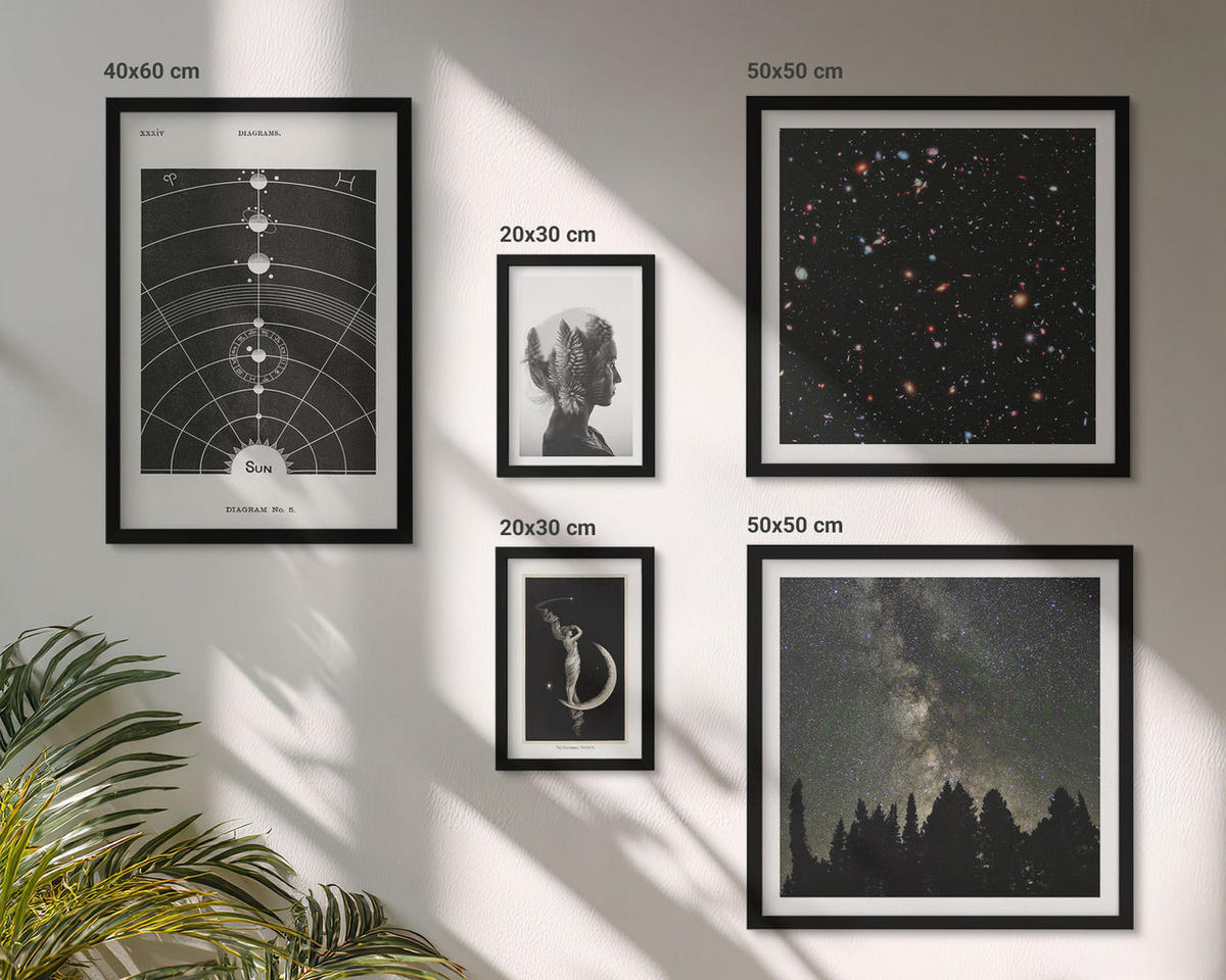 WANDBILDER 5er-Set - 50x50 cm & 20x30 cm & 40x60 cm Schwarzer Rahmen - Galaxie im Sonnensystem - Schwarz, Kunststoff (40/60cm) - ArtPrintCave