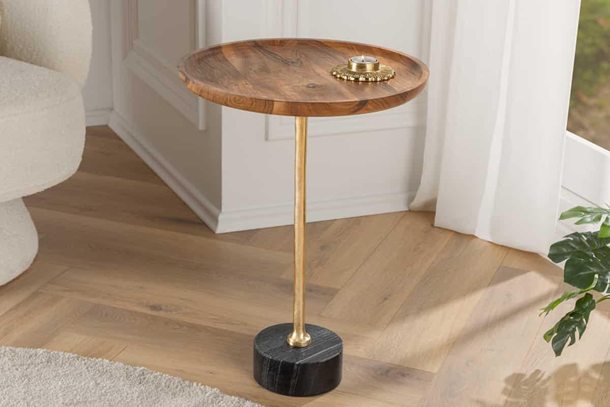 BEISTELLTISCH TRAYFUL rund Akazie 55cm - Goldfarben/Schwarz, Holz/Metall (40/40/55cm) - riess-ambiente