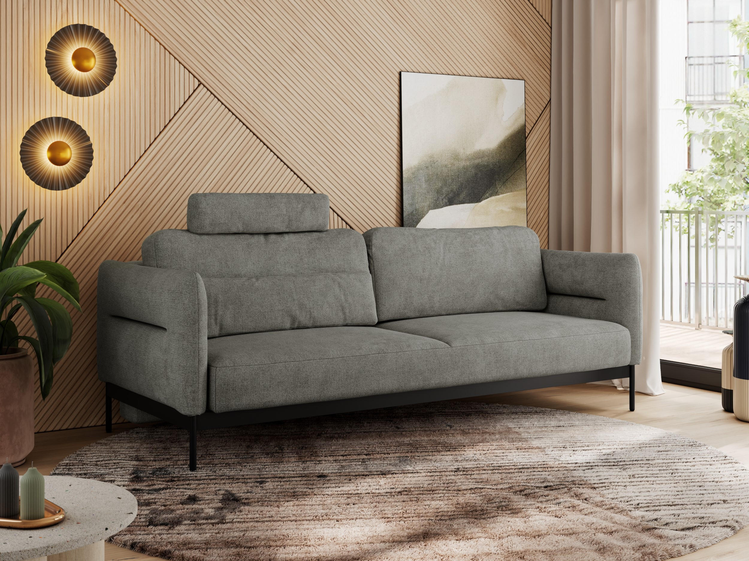 SOFA SALENTO Grau Struktur - Schwarz/Grau, Textil/Metall (221/82/101cm) - MKS