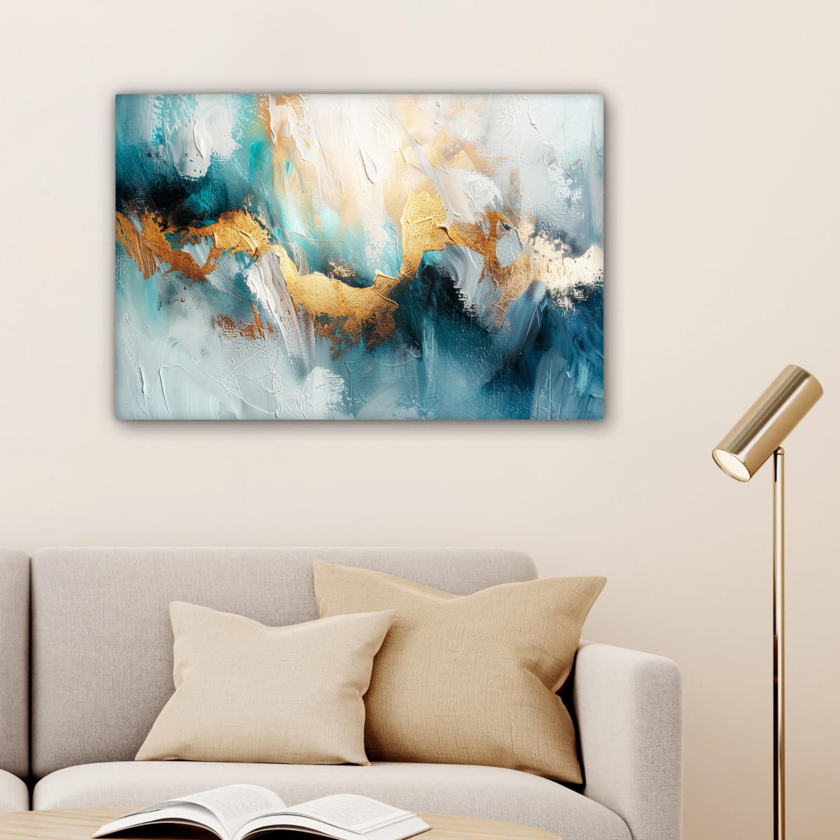 LEINWANDBILD Abstrakt - Kunst - Gold - Blau Gemälde 60x40 cm - Petrol, Textil (60/40cm) - MuchoWow