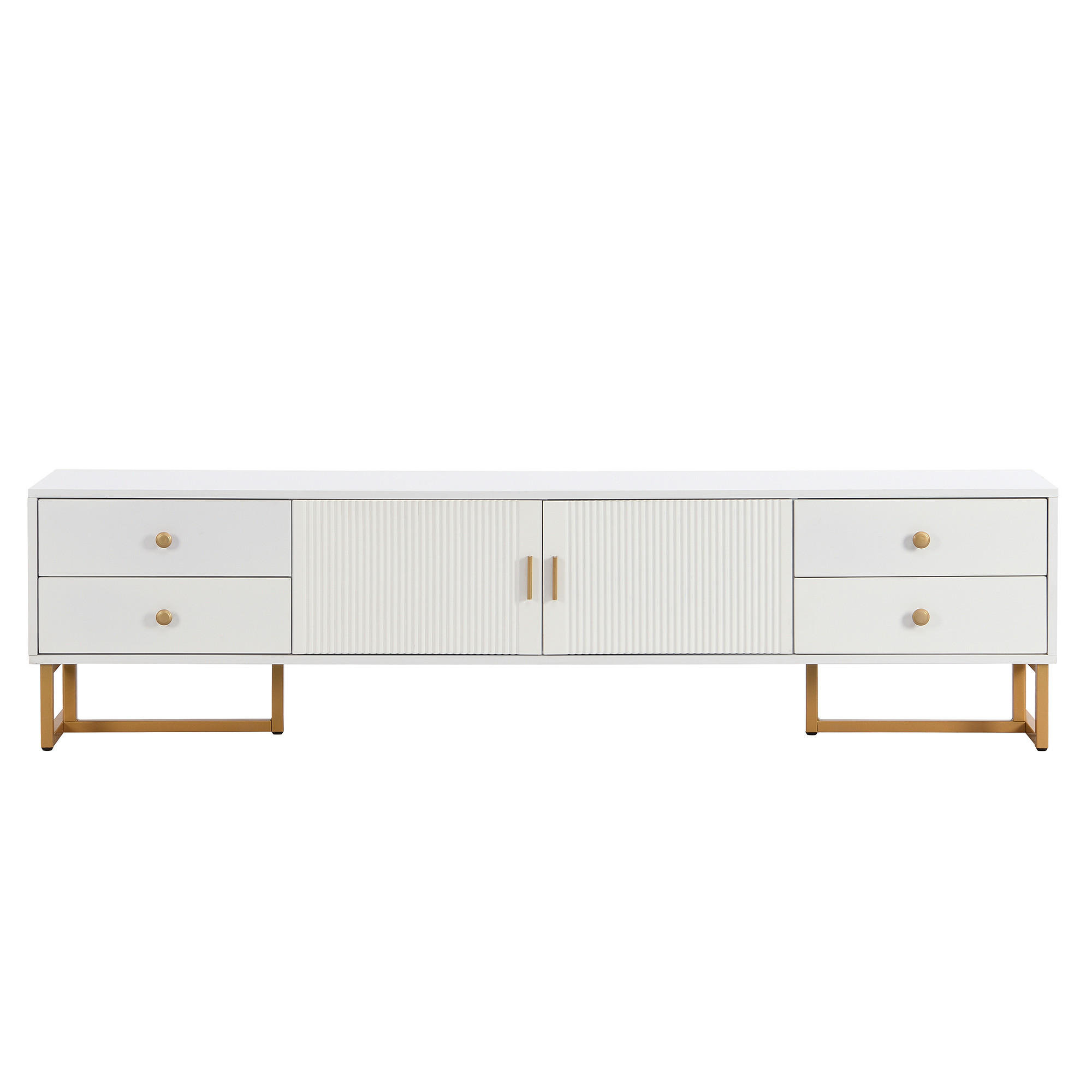 LOWBOARD in Weiß TV Schrank mit strukturierter Tür, Schubladen, goldenen Griffen und Füßen, B175/T30/H46cm - Goldfarben/Weiß, Holzwerkstoff/Metall (175/46/30cm) - STILVORA