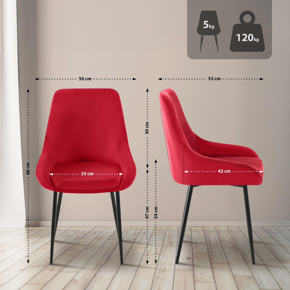 STUHL Samt Rot - Rot/Schwarz, Textil (50/86/53cm) - CLP