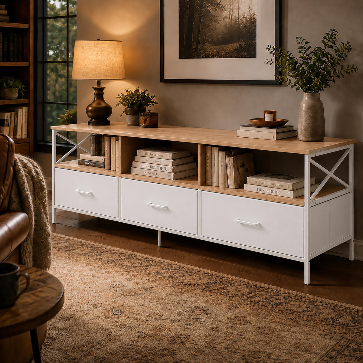 TV-LOWBOARD Holzoptik-Weiß Stoffschubladen 120 cm - Multicolor, Holzwerkstoff/Textil (120/50/40cm) - Relaxdays