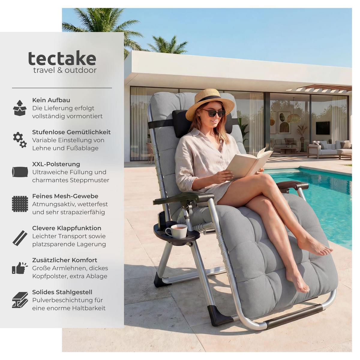 SONNENLIEGE Cloud, 84 x 168 x 82,5 cm, mit Ablagetisch, hellgrau - Hellgrau, Kunststoff (84/103/113cm) - tectake