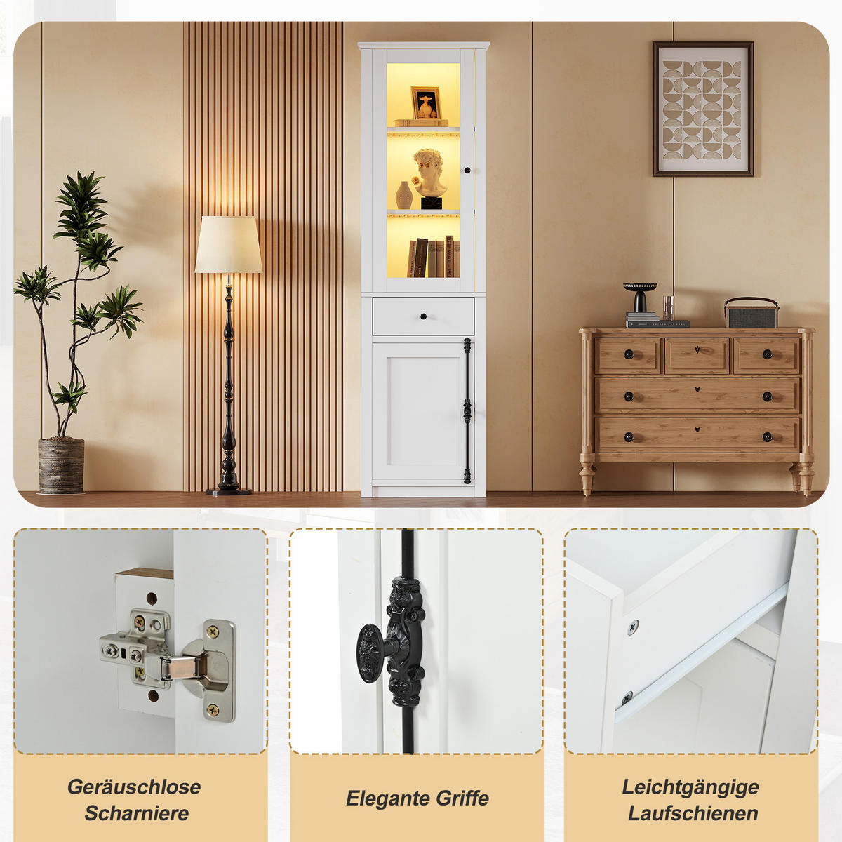 VITRINE LED Hochschrank Glas 200cm 2 Türen Schublade Weiß - Weiß, Holzwerkstoff (55/200/40cm) - FLIEKS