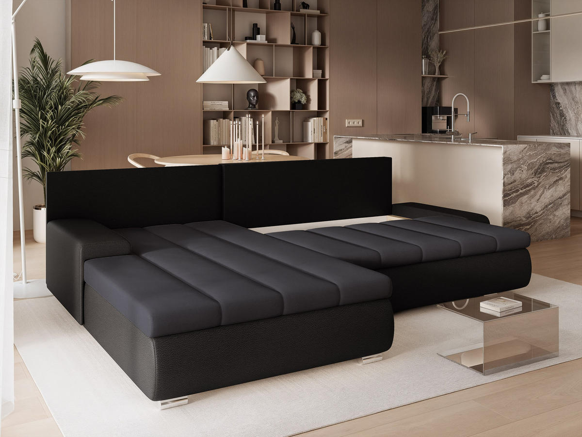 ECKSOFA VELANO mit Schlaffunktion und Bettkasten Schwarz/Anthrazit - Anthrazit, Holzwerkstoff/Kunststoff (250/90cm) - Idohome