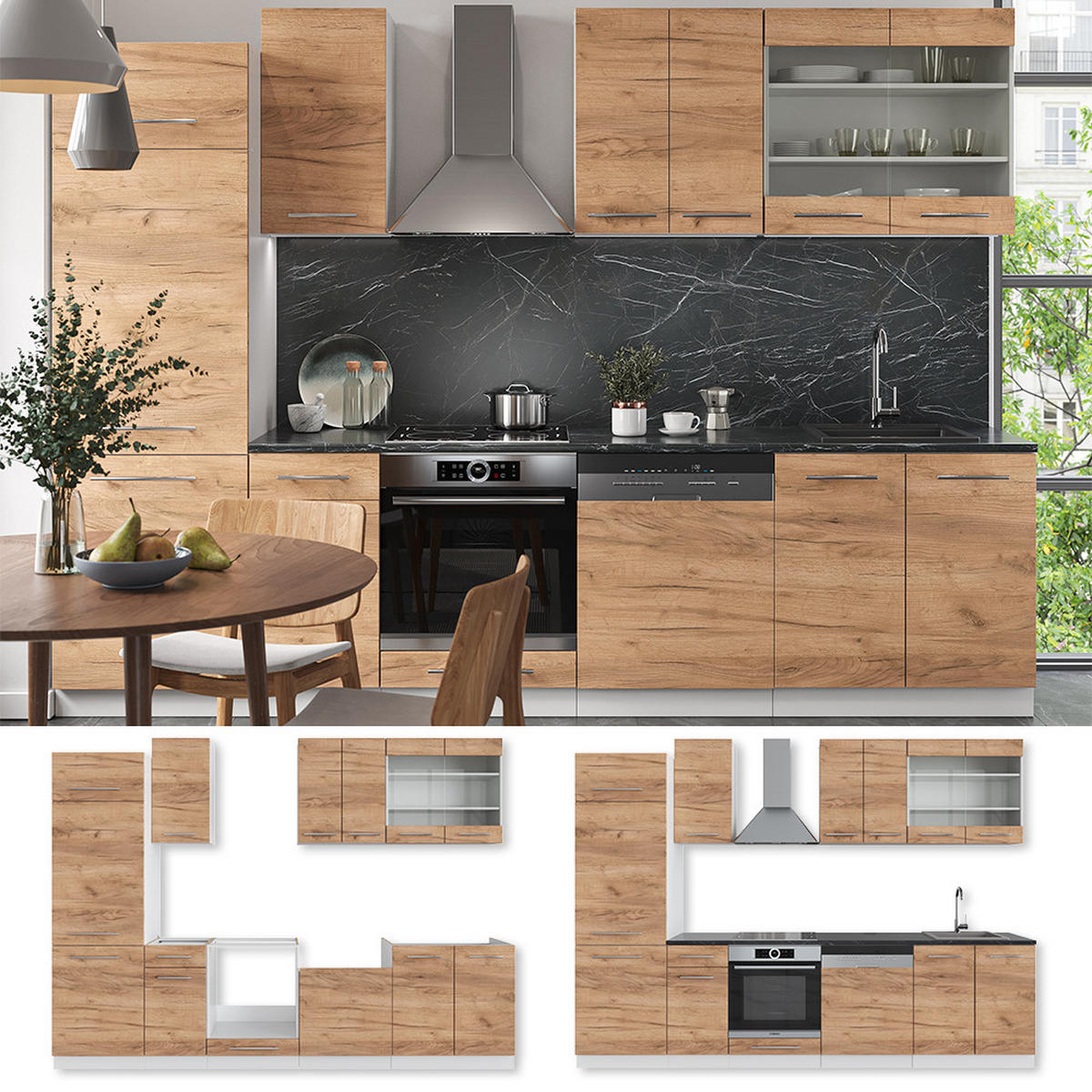 KÜCHENZEILE Fame-Line Goldkraft Eiche/Weiß 300 cm ohne AP - Eiche Wotan/Weiß, Holzwerkstoff (300/81.6/46cm) - Vicco