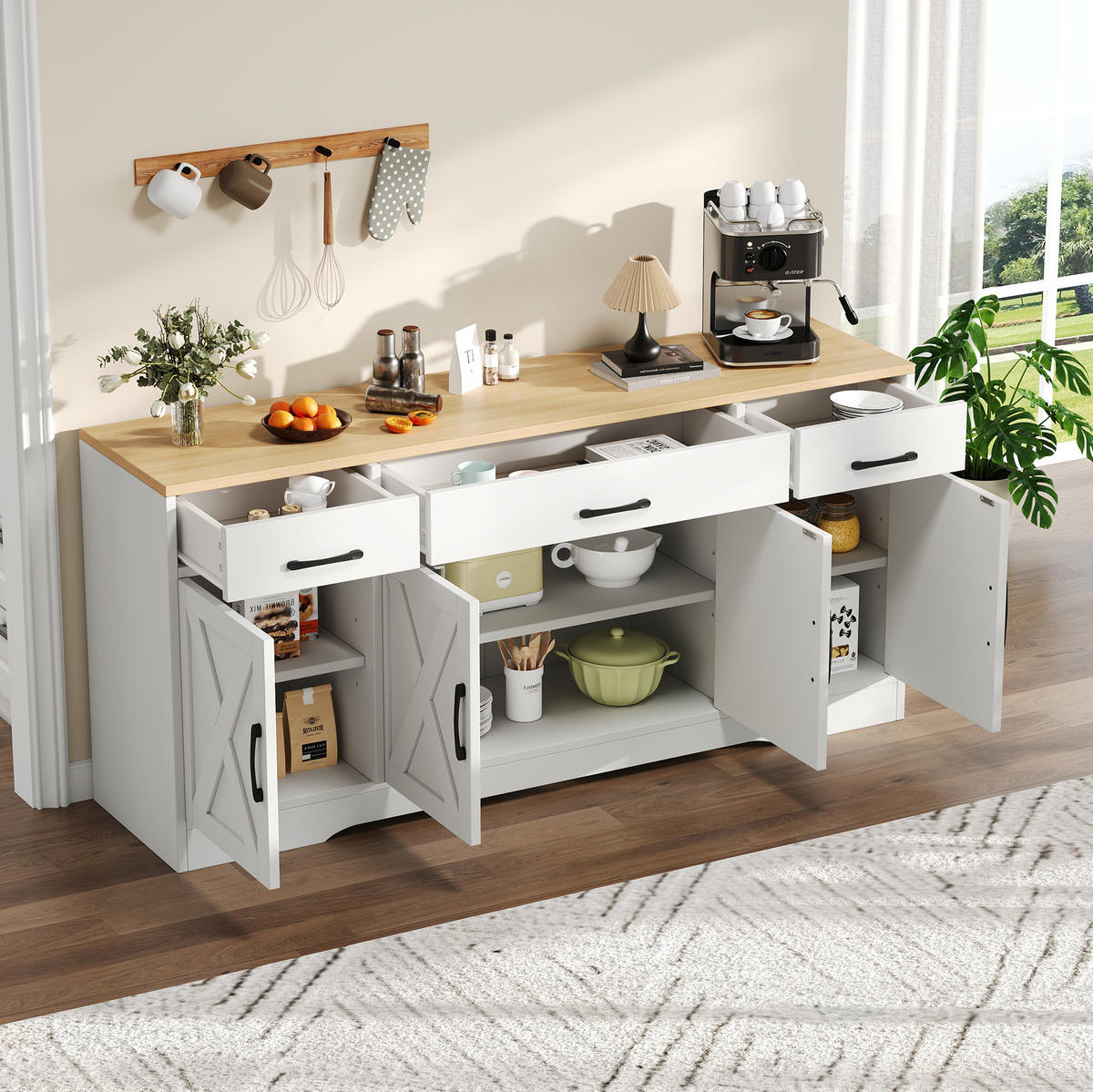 KOMODA 160/37/75 cm biela z MDF s doskou v drevenom dekore so 3 zásuvkami a 4 dvierkami - biela, kompozitné drevo (160/75/37cm) - OKWISH